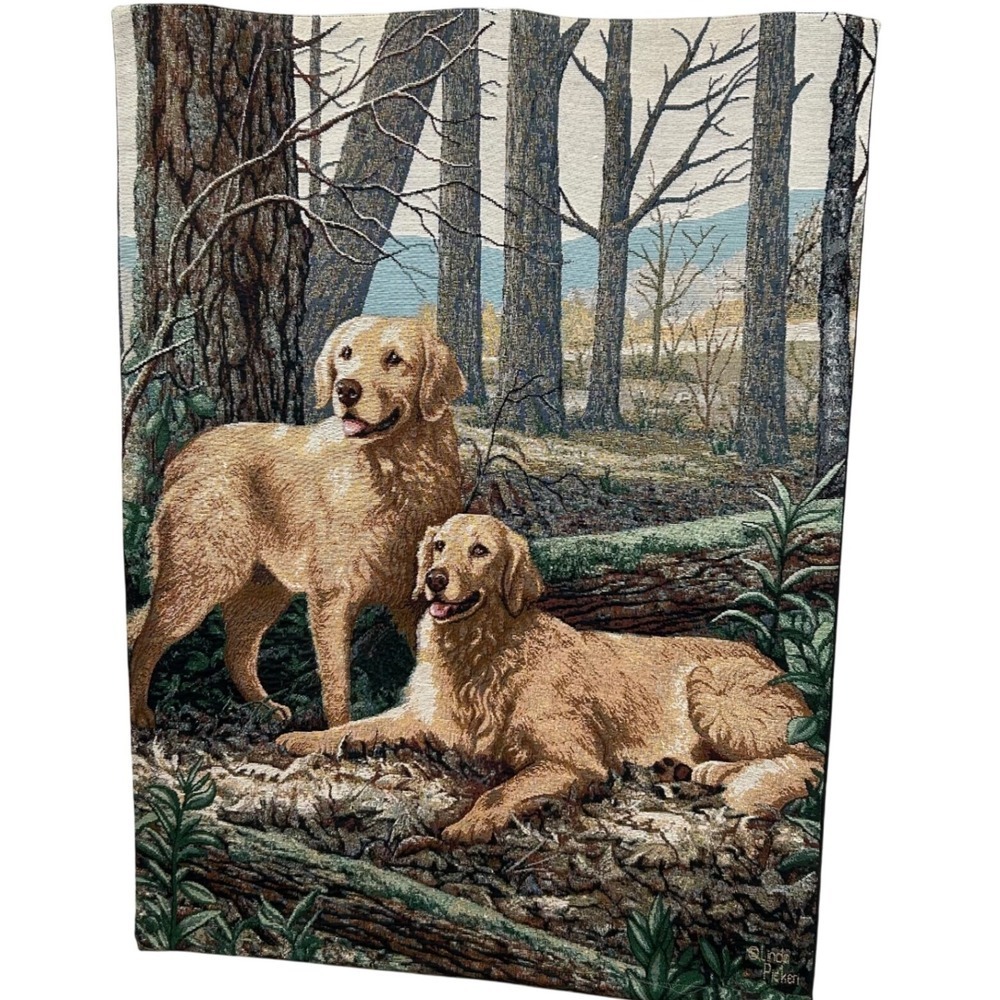 Linda Picken Tapestry Wall Hanging Golden Retriever Dog Forest 26x35 Cabin Decor